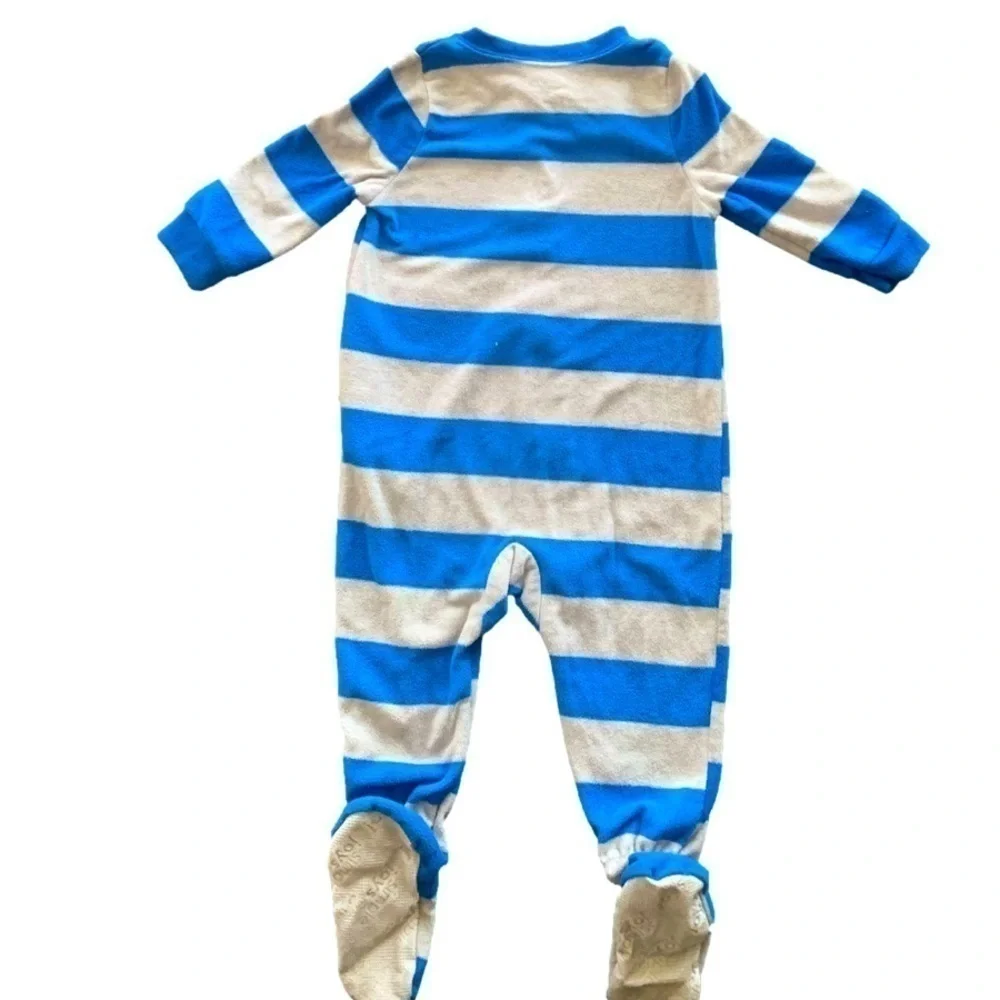 Carters Simple Joys Blue Green Striped Cars Fleece Onesie Footed Pajamas 12mos